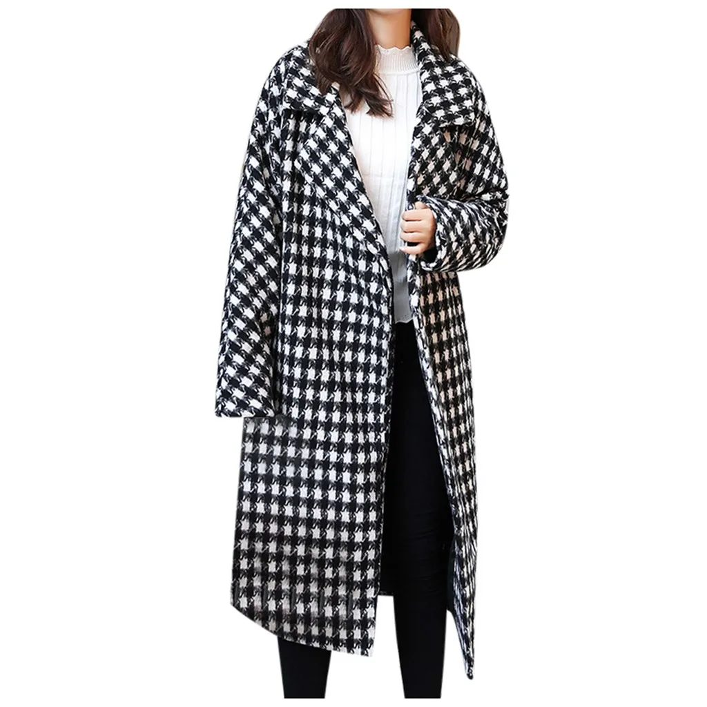 Новое Женское зимнее шерстяное пальто большого размера, Осеннее длинное шерстяное пальто в клетку, винтажное офисное шерстяное пальто с длинным рукавом, верхняя одежда#1014