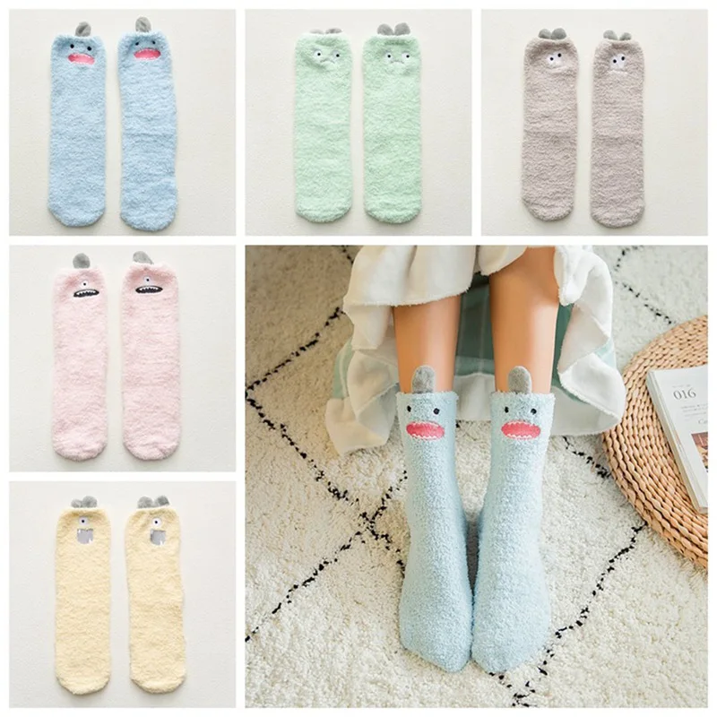 Милые Пушистые Носки с рисунком маленького монстра для женщин, коралловые бархатные забавные носки средней длины, хлопковые носки для зимы и осени, сохраняющие тепло