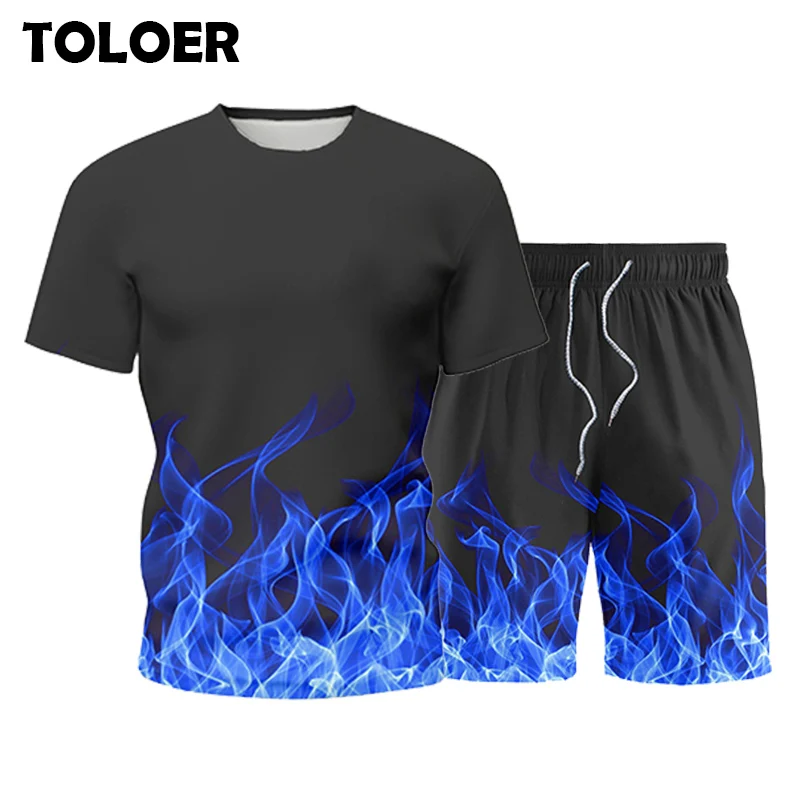 Mens Set Summer Tracksuit Beach-Shorts T-Shirt 2piece-Suit Casual Flame Male Print Plus-Size