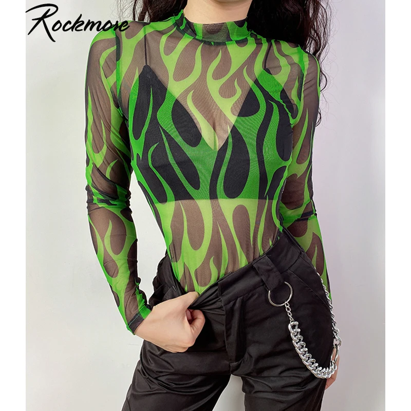 

Rockmore Fire Flame Print Mesh Sexy Bodysuit Women Jumpsuit Turtlenck Transparent Winter Body Femme Skinny Long Sleeve Bodysuits