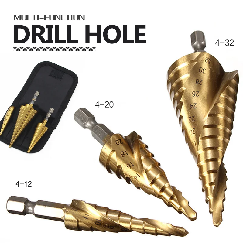 1/3pcs HSS Steel Titanium Step Drill Bit 3-12mm 4-12mm 4-20mm Drill Cone Cutt Tools Metal Drills Bit Set for Woodworking Wood