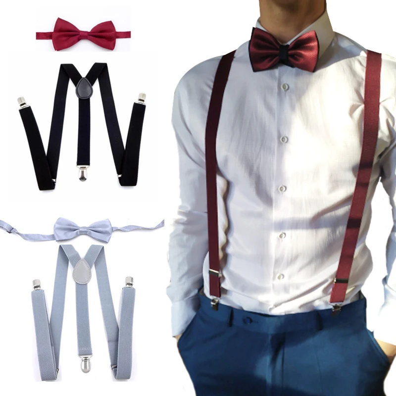 Suspenders with Bowtie Fashion Men Bow Tie Set Mens Braces Womens Adjustable Suspenders Pants  Wedding Ties Accessories