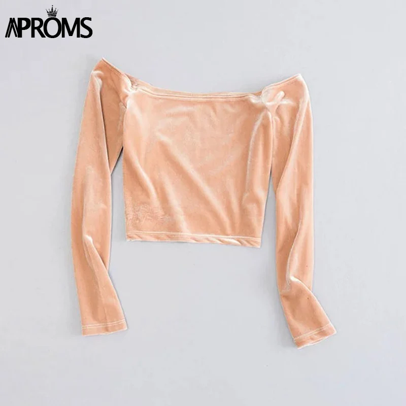 Aproms Elegant Off Shoulder Velvet Crop Top Women Fashion 2020 Stretch Cropped Tank Top Female Autumn Soft Camis Tee