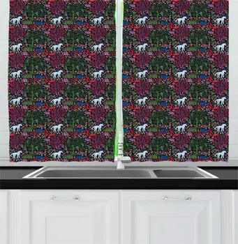 

Charcoal Grey Multicolor Unicorn Kitchen Curtains Colorful Silhouette Mythological Creature Forest Willow Dream Window Drapes