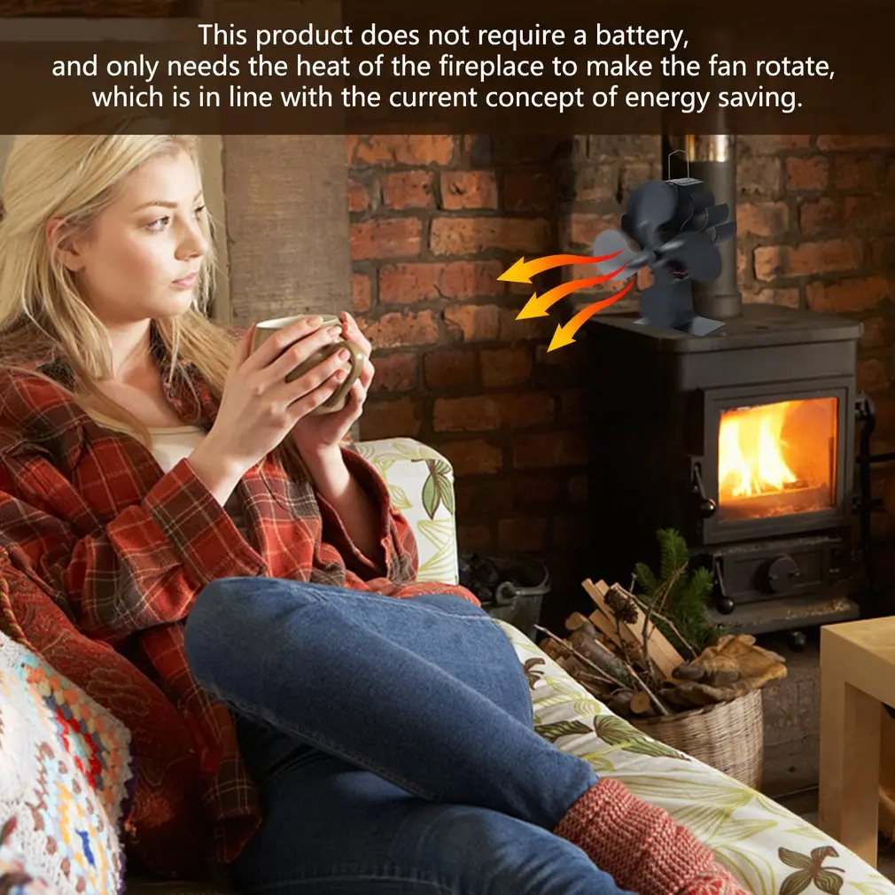 

Black Fireplace 4 Blade Heat Powered Stove Fan komin Log Wood Burner Eco Friendly Quiet Fan Home Efficient Heat Distribution