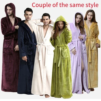 

Women Men Hooded Bathrobe Sleepwear Casual Flannel Couple Thickened Soft Long Sleeve Ankle Length Cozy Solid Fashion Winter Warm