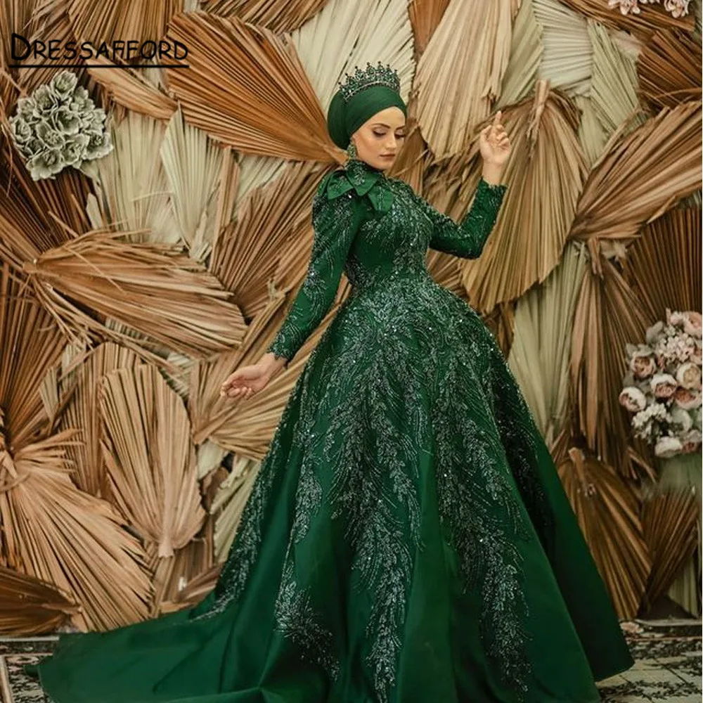 

Luxury Green Long Sleeve Muslim Evening Dress for Women Wedding Party Gowns Midi Ankle Length Arabic Weeding Formal Dress