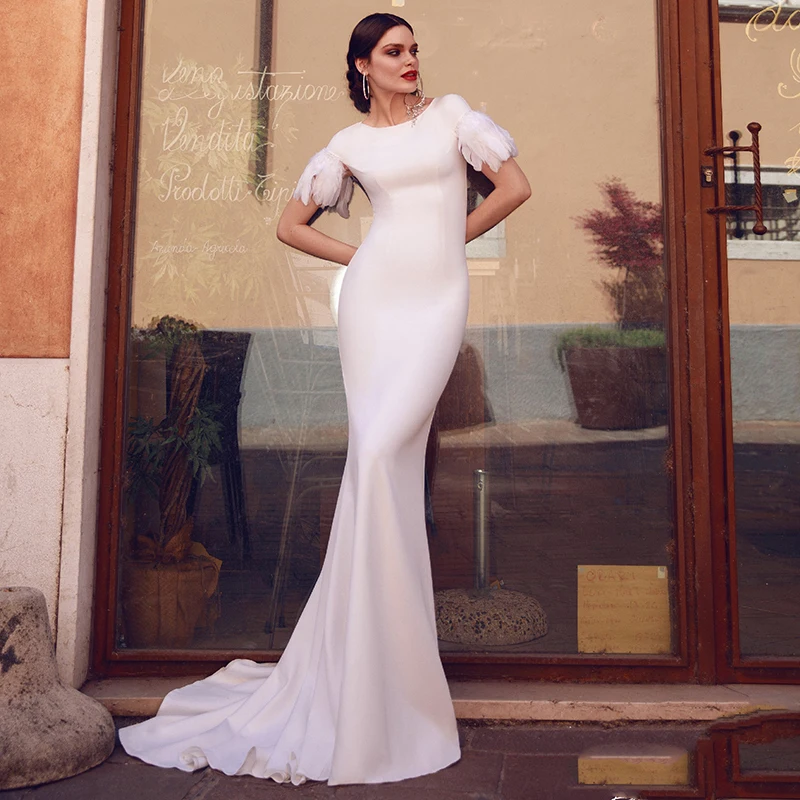 

Eightale Mermaid Wedding Dress with Feather Short Sleeves O-Neck Boho Wedding Gowns Chiffon Bridal Dress abito da sposa a sirena