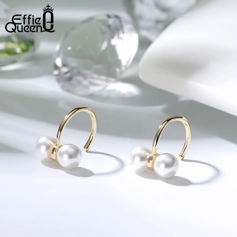 Effie Queen Trendy Gold Color 925 Silver Stud Earrings with Top Grade Simulated Pearl Earring Woman Jewelry Party Gift BE285