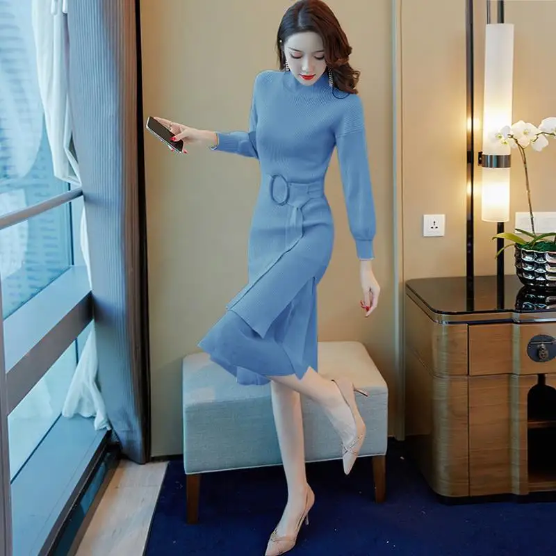 Sweater knitted dress 2019 new women's autumn and winter wear long over the knee two-piece skirt suit | Женская одежда