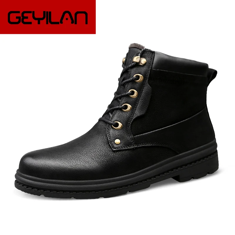 

Men Boots Winter Plush war genuine Leather Snoes Round Toe Anti-slip Snow Ankle Boots Sewing Soft Rubber Boots big size 47