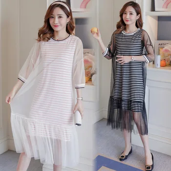 

Maternity Clothes New Style Summer Wear Elegant Stripes Joint Gauze Sexy Transparent Pregnant Women Dress