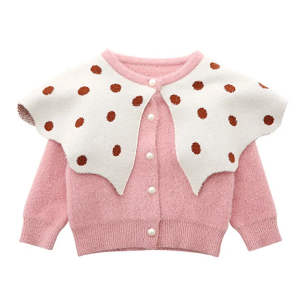 Зимний свитер в горошек для маленьких девочек, вязаный кардиган, свитер для маленьких девочек, год, Рождественская осенне-зимняя одежда для девочек, AA3972 - Цвет: Розовый