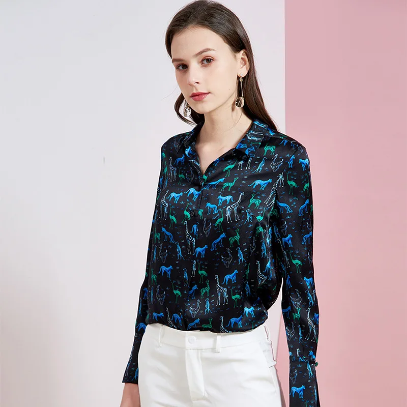 

2020 Sping Summer Women's High End Real Silk Shirts Animal Printing Long Sleeved Turn Down Collar Tops and Blouses