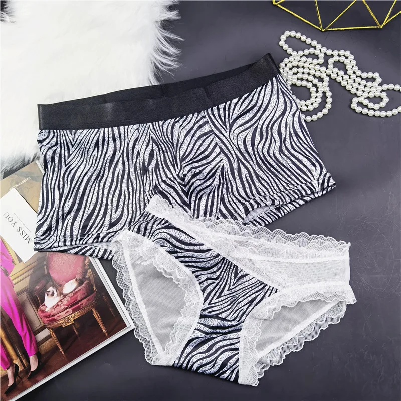 

2PCS Sexy Leopard Couple Underwear Set Ice Silk Men's Breather Boxers Shorts Women Lace Panties for Lover's Underpants