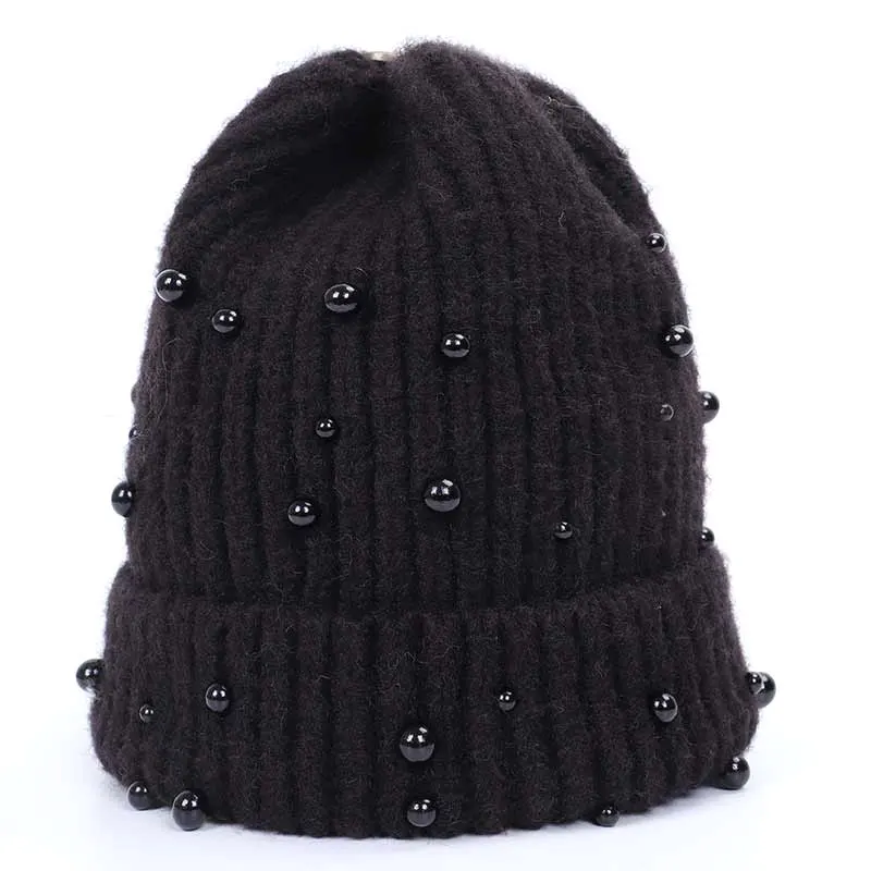 Модная вязаная шапка с жемчугом, женская шапка с помпоном из натурального меха, зимняя теплая хлопковая шапка с помпонами енота, Высококачественная утепленная женская шапка - Color: Black-2