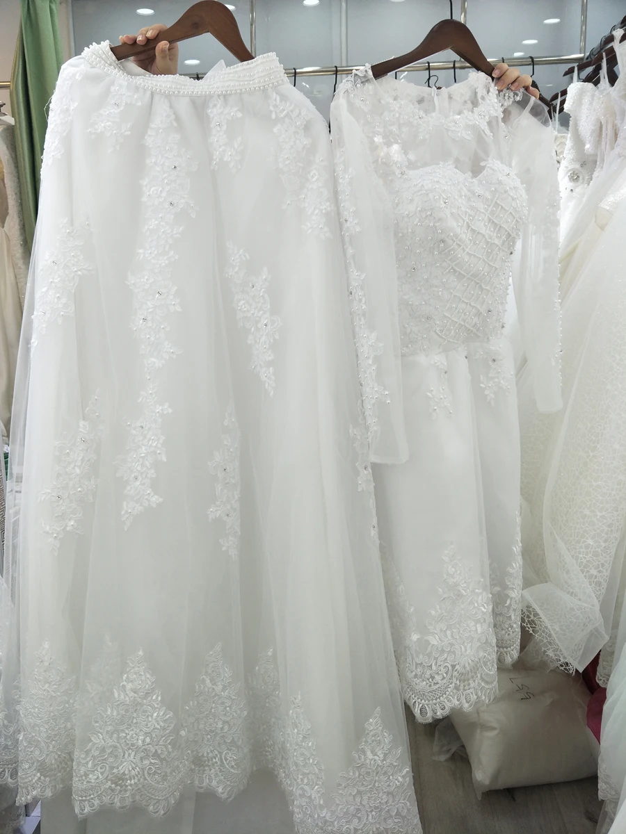 Новые съемные Шлейфы принцесса Vestido De Noiva аппликационные Жемчужины для Кружева Свадебные платья 2 в 1 Свадебные платья W0278-B