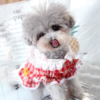 

Dog Dress Lace Lapel Red Plaid Skirt Spring Summer Dog Clothes For Small Dog Party Dog Skirt Puppy Pet Costume Pets Outfits