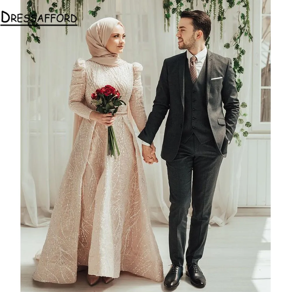 

Luxury Beaded Evening Gown Mermaid With Train 2021 Modest O-Neck For Muslim Women Formal Party Dress