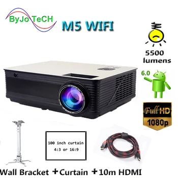 

Poner Saund M5 WIFI Projector Android 6.0 Wireless Multi-screen interactive 10m HDMI Wall Bracket Screen curtain M5W Vs led96