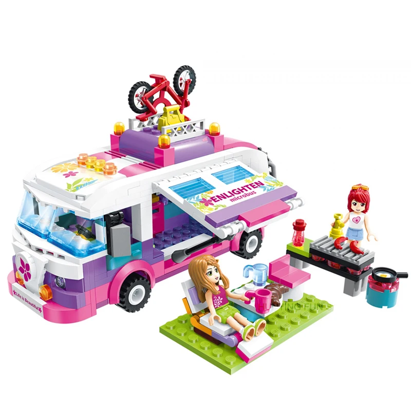 

Qman 2004 Outing Trip Bus Set Friends Series with Mini figures Educational Building Blocks Toys For Girls DIY Gifts 319PCS