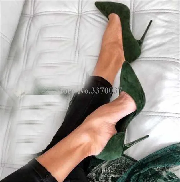 Women Classical Style Pointed Toe Dark Green Suede Leather Stiletto Heel Pumps Slip-on High Heels Formal Dress Shoes Wedding 2