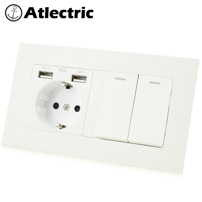 

Atlectric DE EU Plug Socket Dual USB charging 1/2/3/4 Gang 1 2 Way Button Switch Lamp Light Switch PC Panel Double Socket