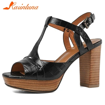 

KARINLUNA Female Genuine Leather Open Toe Sandals Casual Office Summer Sandals Women Platform High Heels Solid Shoes Woman
