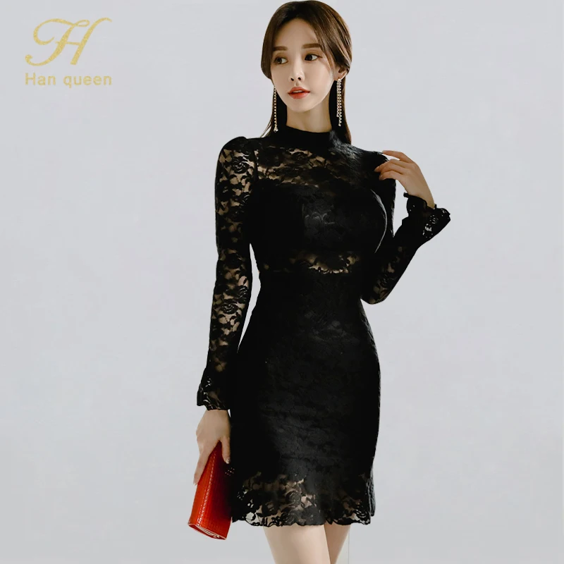 black H Han queen Карандаш Платья женские весенние новые корейские тонкие черные гофрированные перспектива сексуальные утечки сзади кружева дна платье - Цвет: black