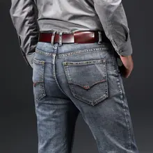 Новые мужские сине-серые винтажные деловые джинсы классический стиль стрейч маленький Классический прямой крой джинсовые брюки мужские Брендовые брюки