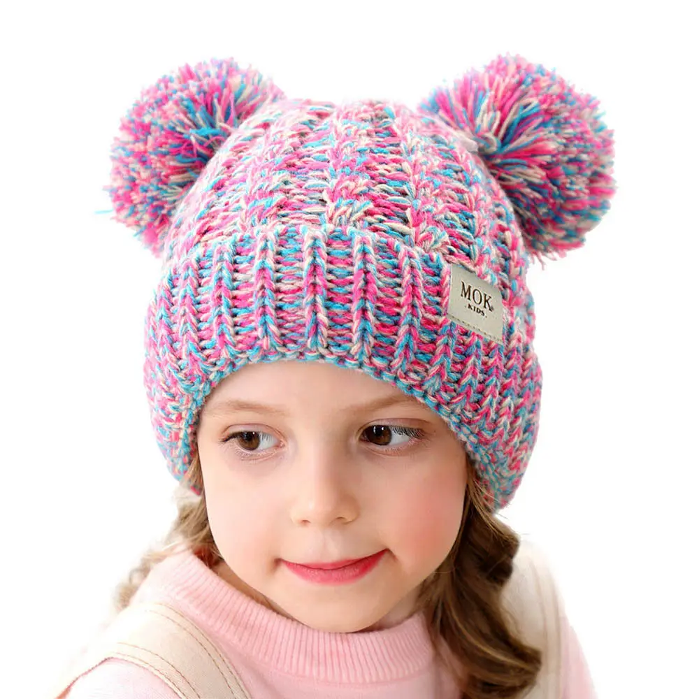 Детские брендовые кепки и шапки для зимы, теплая вязаная шапка для мальчиков и девочек, шапка с помпоном, однотонная вязаная шапка с помпоном H199D