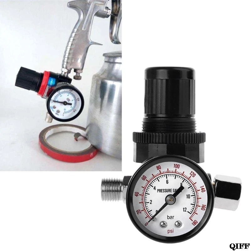 

1/4" Air Pressure Regulator Reducer 12Bar 180 PSI Spray Gun Pressure Valve Gauge