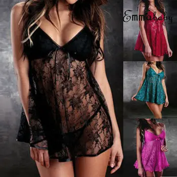 

New 2020 Women Ladies sexy Lingerie strap v neck Lace Dress See-through Nightdress +G-string Nightgown Sleepwear Nightwear