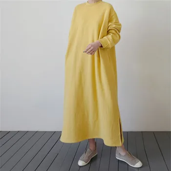 

Johnature Autumn Winter New Pullover Women Slit Korean Dresses 2020 Solid Color All Match O-neck Loose Female Dress