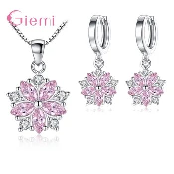 

Genuine S925 Sterling Silver Luxury Jewelry Sets For Women Stunning Pink Crystal Chain Pendant Necklace Drop Earrings For Girls