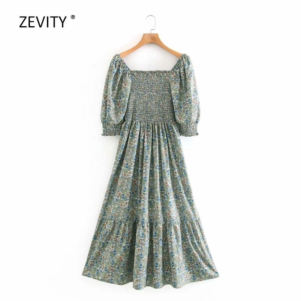 2020 women vintage sqaure collar elastic stretchy printing midi dress female retro puff sleeve pleat vestido chic dresses DS3939 2020 women vintage sqaure collar elastic stretchy printing midi dress female retro puff sleeve pleat vestido chic dresses DS3939