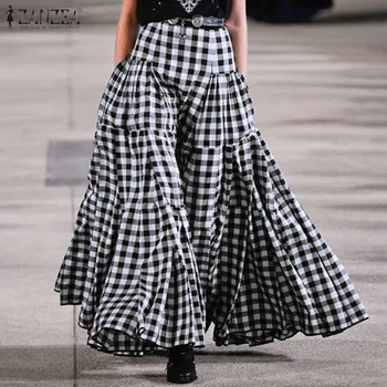 

ZANZEA Summer High Waist Pleated Skirts Vintage Women Plaid Checked Skirts Casual Bohemian Maxi Skirts Party Faldas Long Jupe