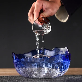 

1500ml Sky Blue Transparent Glass Tea Wash Hammer Pattern Bucket Japan Style Crystal Clear Tea Bowl Water Kung Fu Tea Set