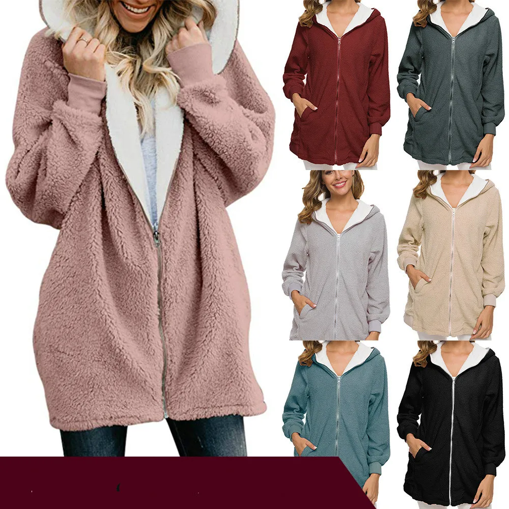 Autumn Winter New Casual Trend Women Clothing Solid Color Hoody Clothing Hoodie Long Sleeved Cap Collar Lamb Wool Sweatshirt