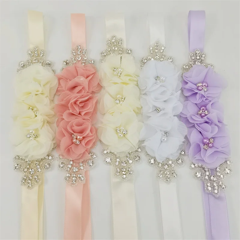 Pearl Rhinestone chiffon fabric flower Bride Belts with Long Polyester Ribbon Girls Wedding Sashes Floral Belt Dress Decor