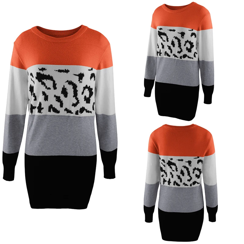 Chifirena Vintage Leopard Patchwork Sweater Dress Women O Neck Long Sleeve Winter Casual Robe Female Elegant Minie Vestidos