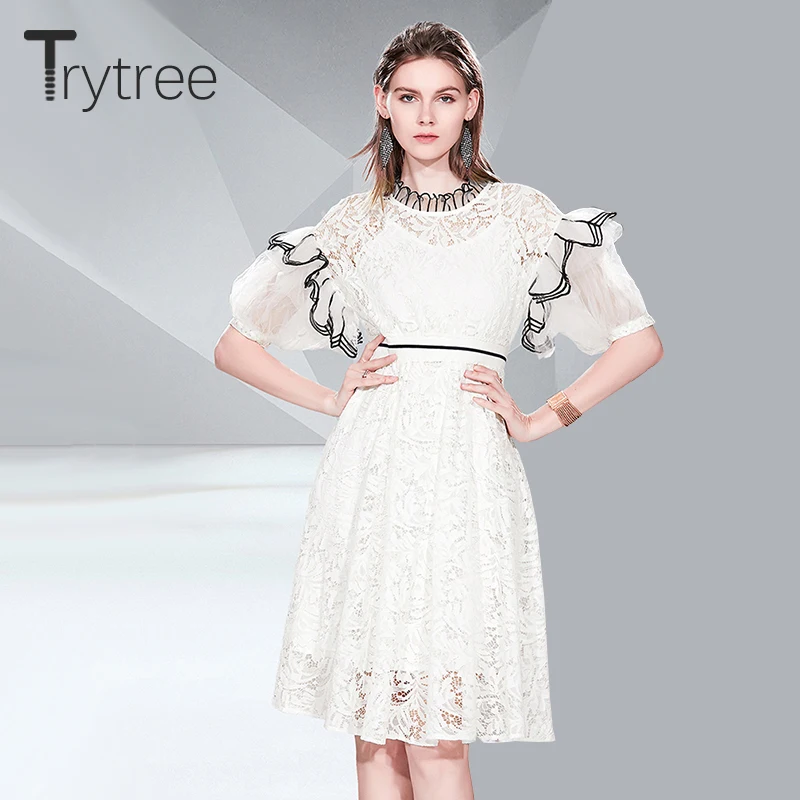 Trytree Summer Women Casual Dress O-neck Mesh Puff Sleeve Lace A-Line Dresses Elastic Waist Knee-Length High Street Solid Dress