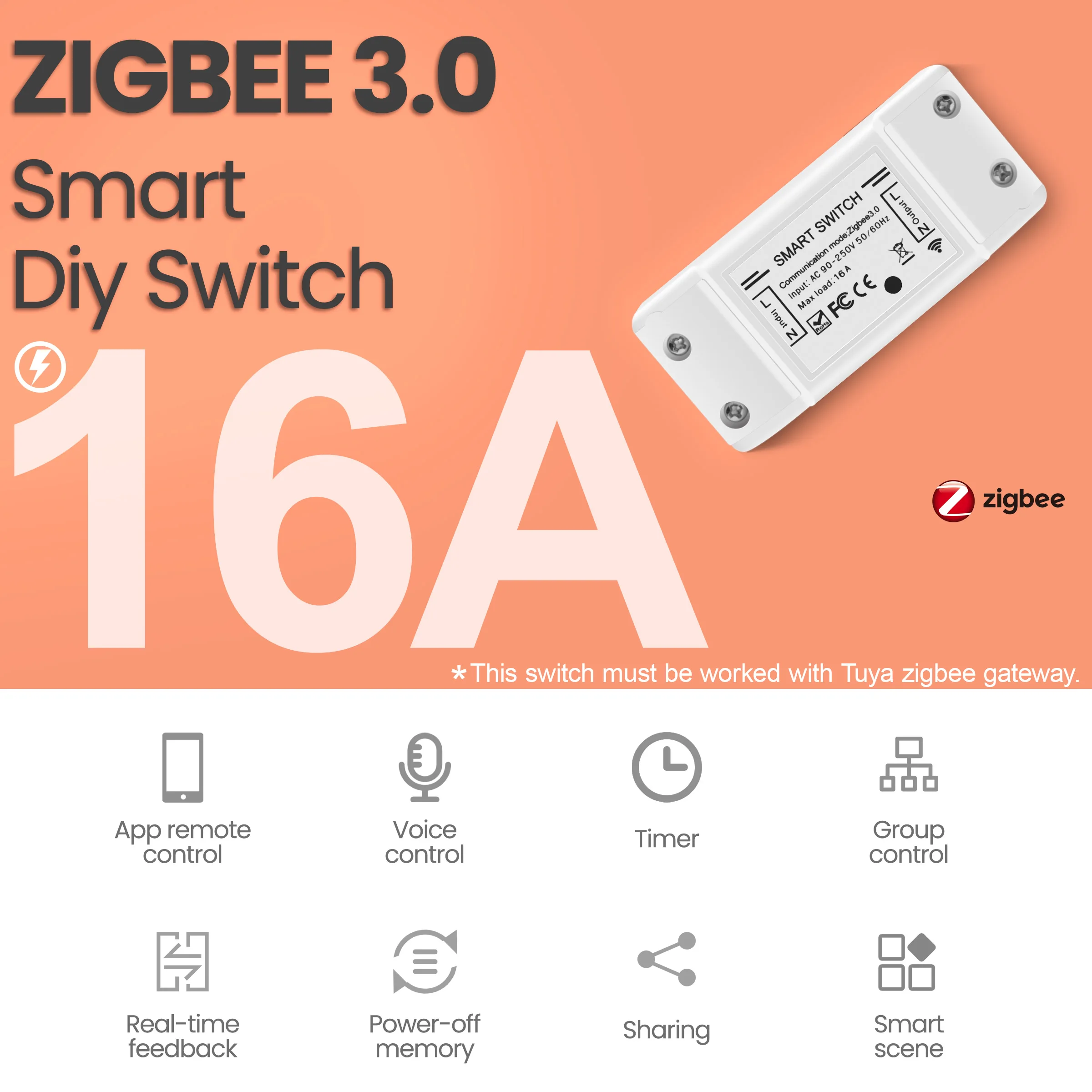 Tuya Zigbee 3.0 16A DIY Smart Wireless Remote Switch Breaker Fan Light Controller Module Smart Life Alexa Google Home Assistant