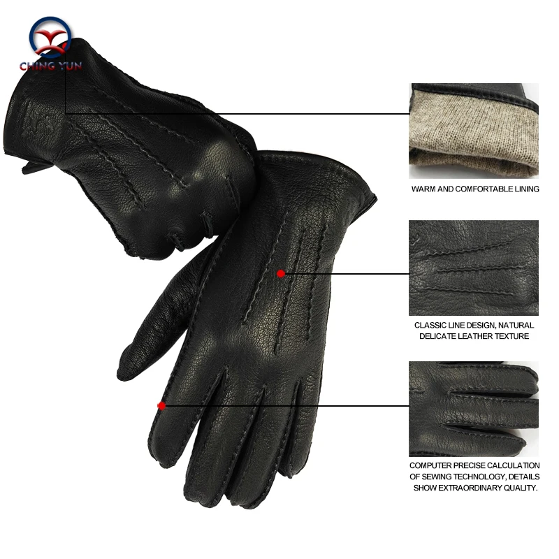 CHING YUN Winter Hand-stitched Men's Deerskin Gloves Deer Skin Men's Warm Soft Black Corrugated Gloves 70% Wool Lining warm gloves,full finger gloves,leather gloves,male gloves