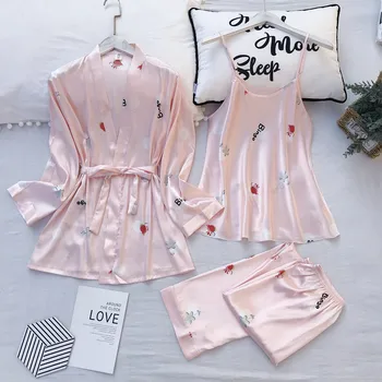 

Women Pajamas Sets with Pants Sexy Pyjama Satin Nightwear Silk Negligee Sleepwear 3 PCS Pyjama