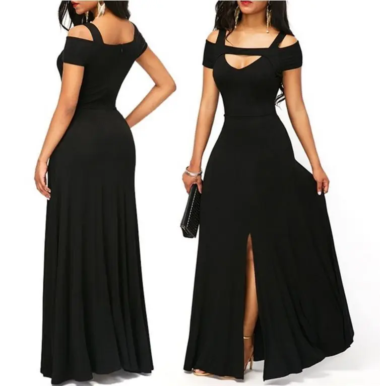 

2019 Plus-sized European And American-Style V-neck off-Shoulder Slit Slim Fit Expandable Party Dress