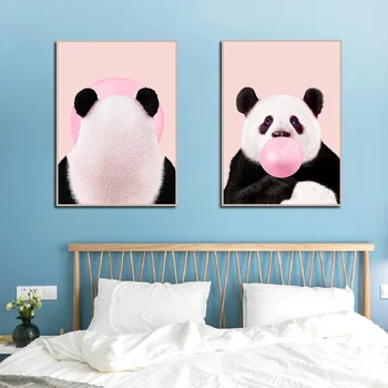 

Cute Animal Prints Panda Nursery Bubble Gum Wall Art Canvas Painting Blush Pink Funny Poster Decoration Kids Room Home Decor