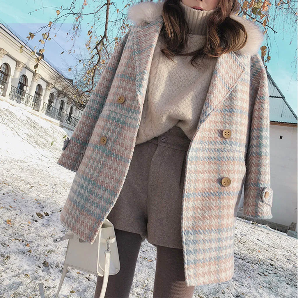 Женская зимняя одежда, модное женское элегантное двубортное шерстяное пальто размера плюс, Женское пальто в клетку#35
