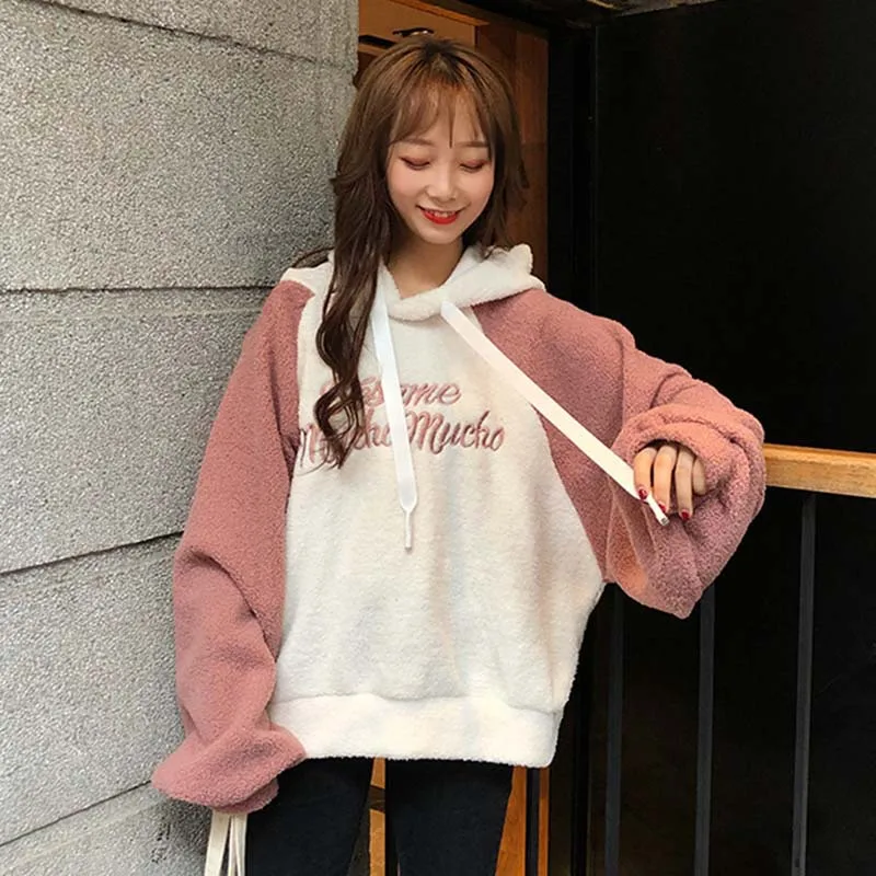 

Lettered Embroidered Lambs Wool Coat Autumn Clothing Women's 2019 New Style Mixed Colors Raglan Long Sleeve Hoodie Casual Tops