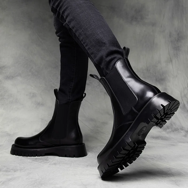 brand designer men's leisure chelsea boots warm fur winter shoes genuine leather platform boot moto ankle botas hombre zapatos